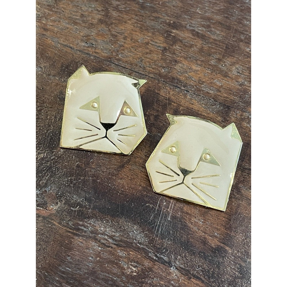Vintage 80s‎ Cat Earrings Gold Enamel White Face Large Stud Pierced Kitty